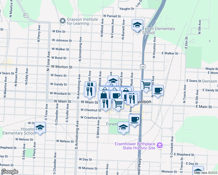 map of restaurants, bars, coffee shops, grocery stores, and more near 500 West Gandy Street in Denison