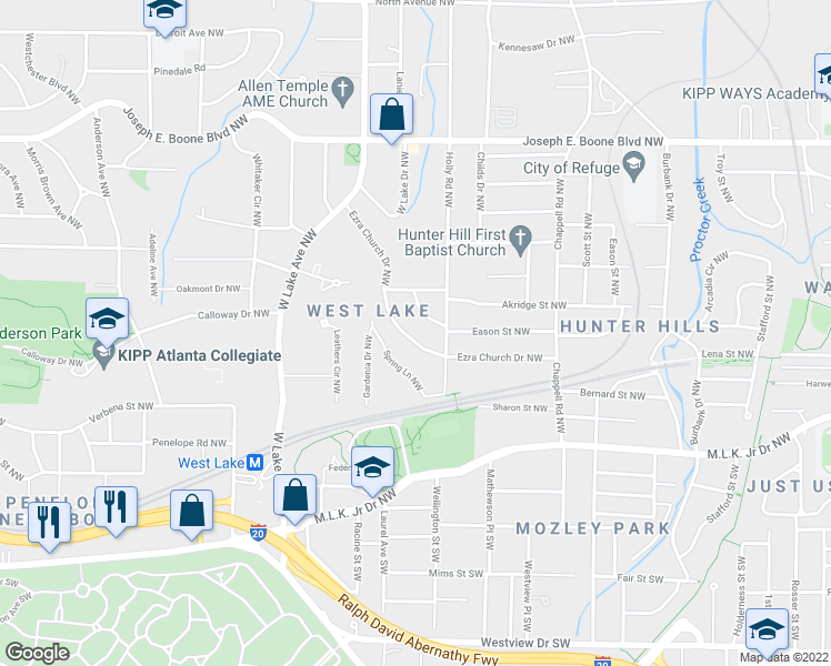 map of restaurants, bars, coffee shops, grocery stores, and more near 1575 Ezra Church Drive Northwest in Atlanta