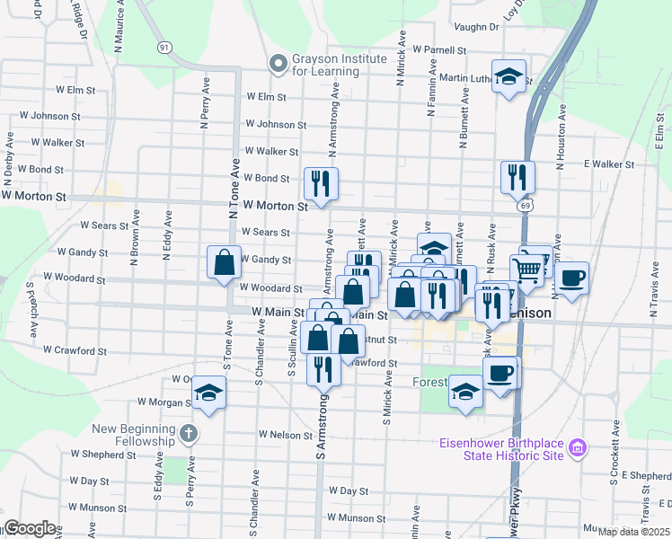 map of restaurants, bars, coffee shops, grocery stores, and more near 728 West Gandy Street in Denison