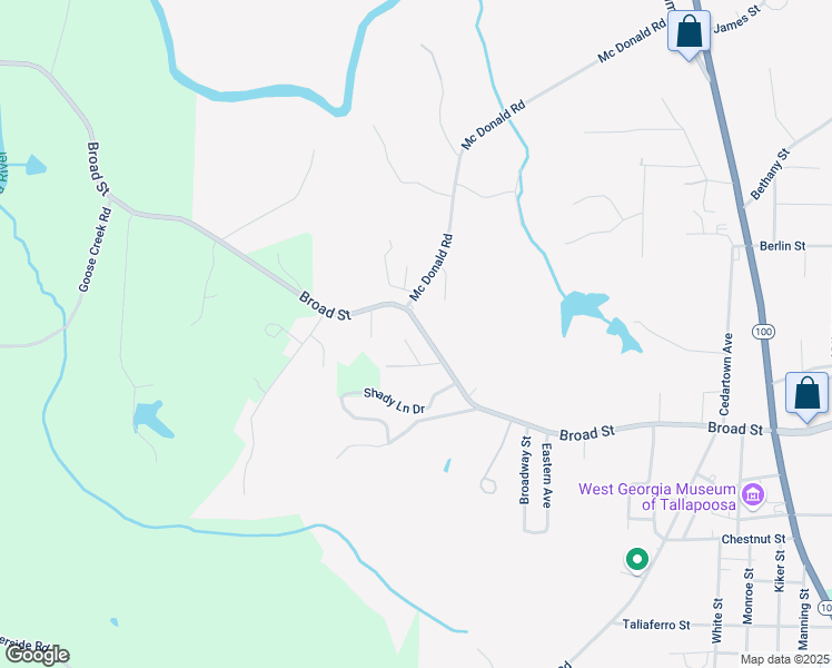map of restaurants, bars, coffee shops, grocery stores, and more near 460 Broad Street in Tallapoosa