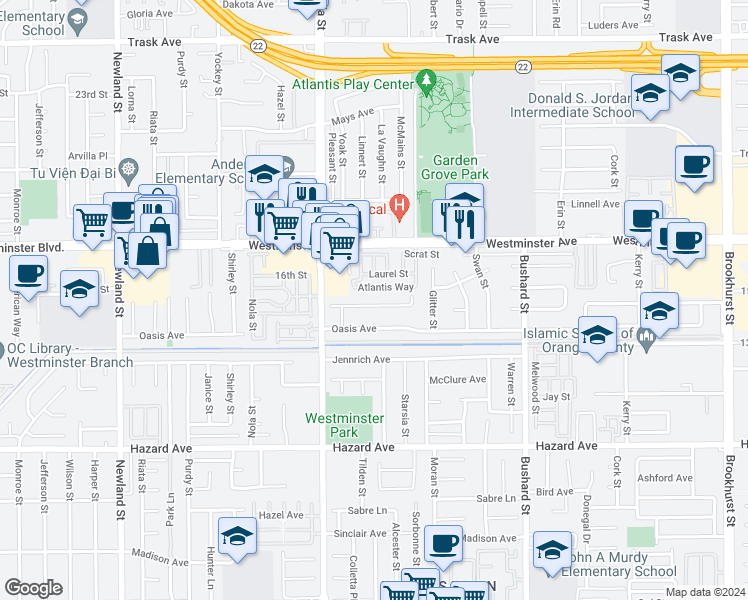 map of restaurants, bars, coffee shops, grocery stores, and more near 9121 Reading Avenue in Westminster