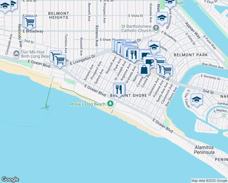 map of restaurants, bars, coffee shops, grocery stores, and more near 35 Argonne Avenue in Long Beach