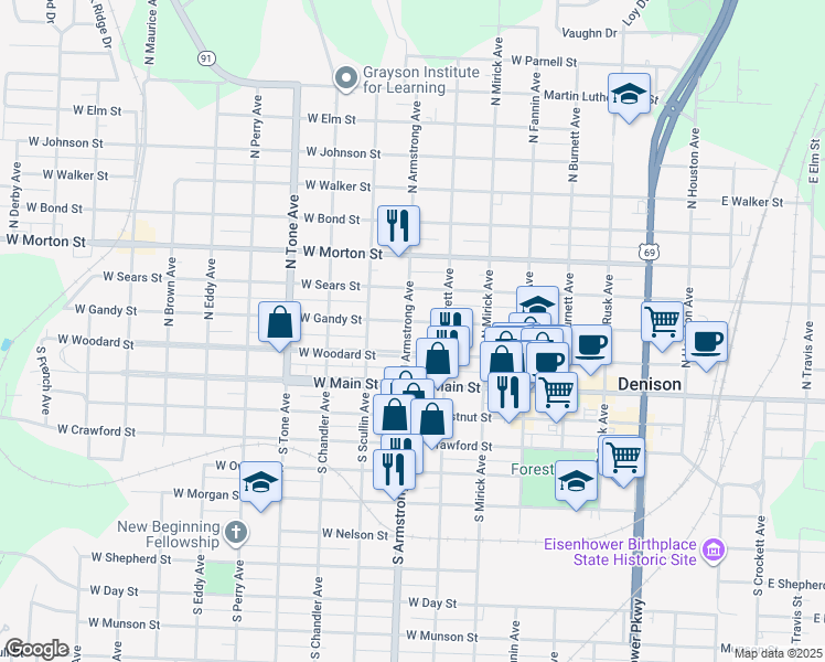 map of restaurants, bars, coffee shops, grocery stores, and more near 728 West Gandy Street in Denison