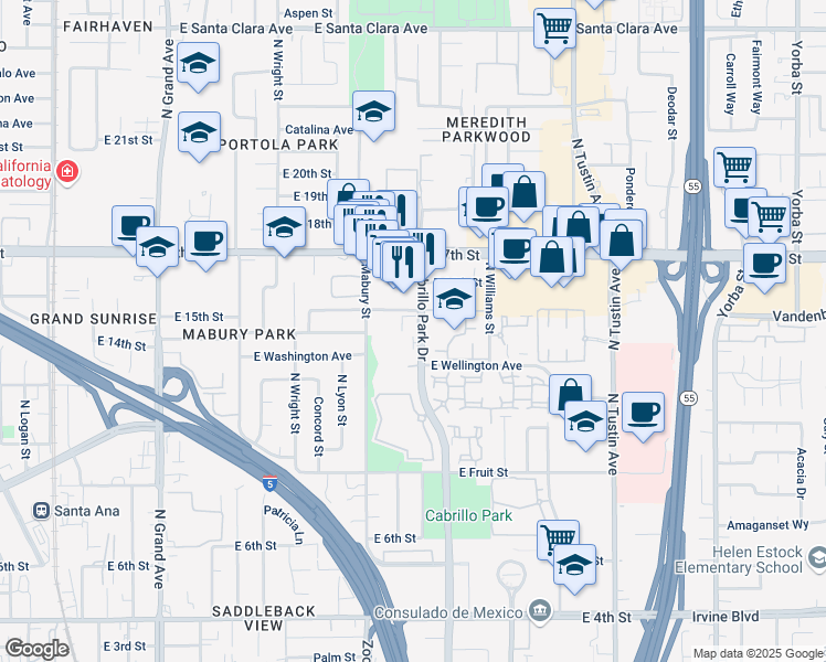 map of restaurants, bars, coffee shops, grocery stores, and more near 1345 Cabrillo Park Drive in Santa Ana