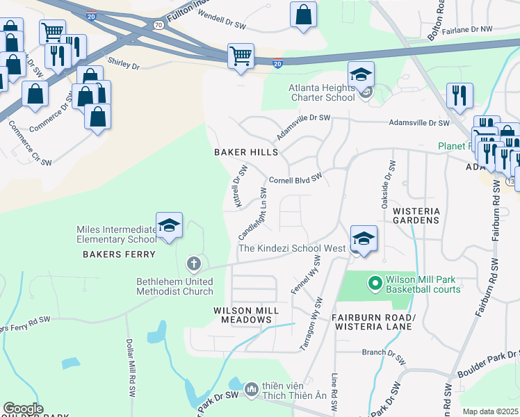 map of restaurants, bars, coffee shops, grocery stores, and more near 110 Candlelight Lane Southwest in Atlanta