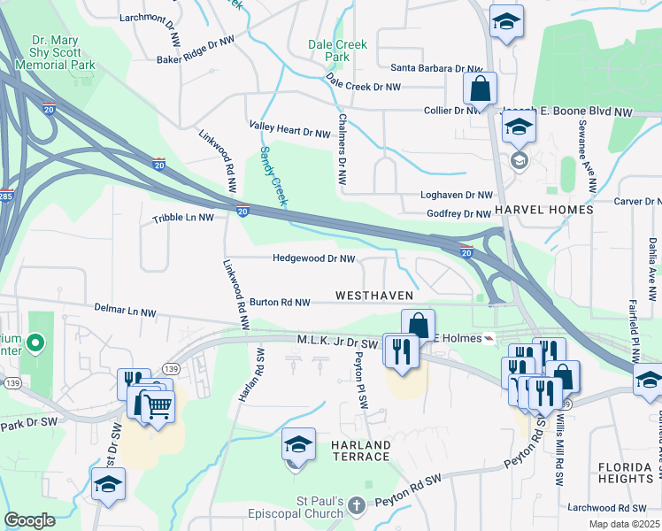 map of restaurants, bars, coffee shops, grocery stores, and more near 2746 Hedgewood Drive Northwest in Atlanta