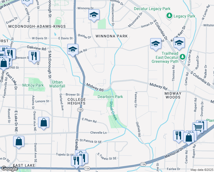 map of restaurants, bars, coffee shops, grocery stores, and more near 172 Midway Road in Decatur