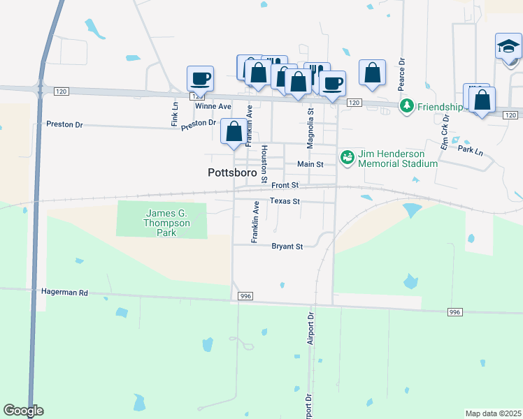 map of restaurants, bars, coffee shops, grocery stores, and more near 606 Franklin Avenue in Pottsboro