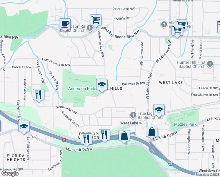 map of restaurants, bars, coffee shops, grocery stores, and more near Calloway Drive Northwest in Atlanta