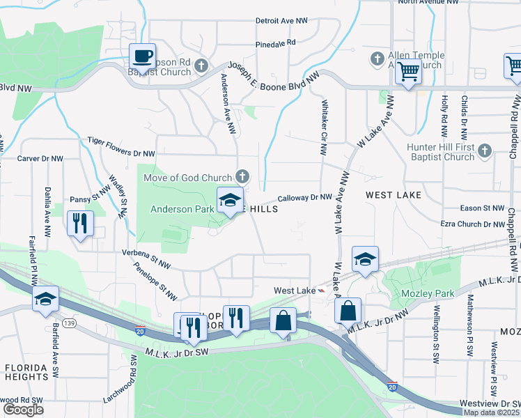 map of restaurants, bars, coffee shops, grocery stores, and more near 1900 Calloway Drive Northwest in Atlanta