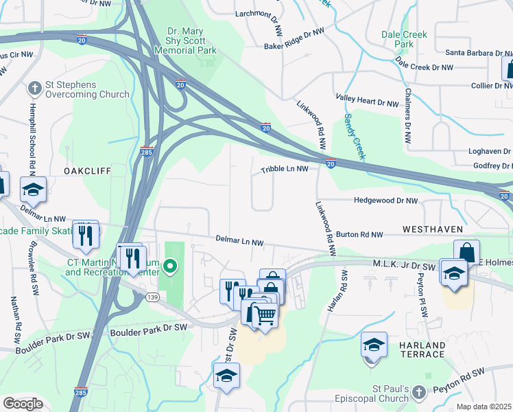 map of restaurants, bars, coffee shops, grocery stores, and more near 196 Hermer Circle Northwest in Atlanta