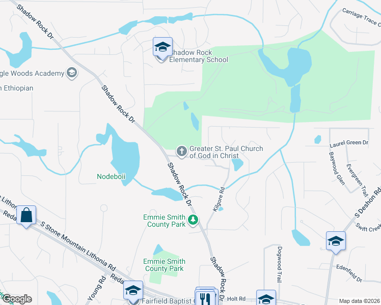 map of restaurants, bars, coffee shops, grocery stores, and more near 6038 Paul Road in Lithonia