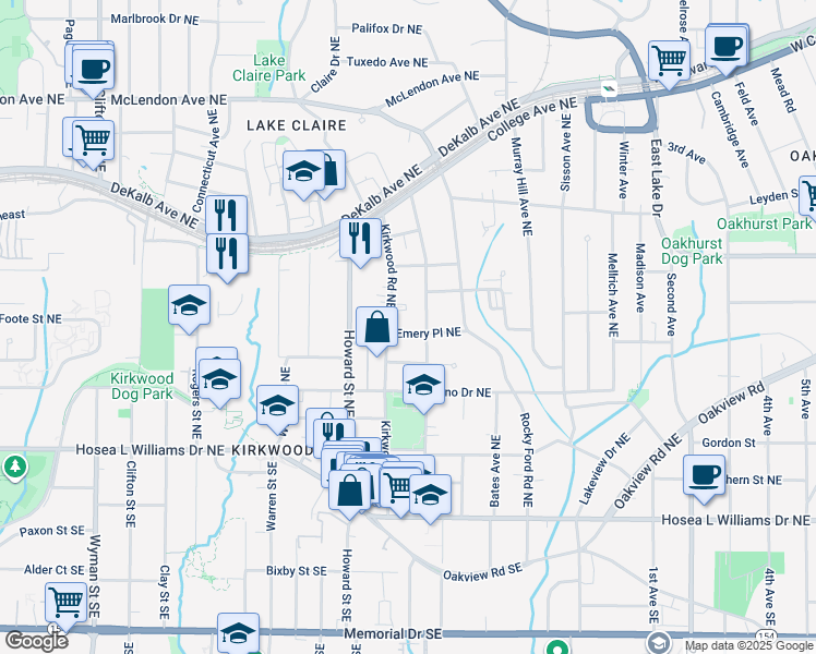 map of restaurants, bars, coffee shops, grocery stores, and more near 2036 Emery Place Northeast in Atlanta