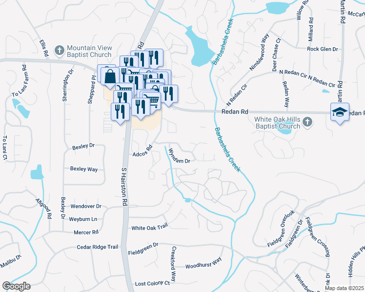 map of restaurants, bars, coffee shops, grocery stores, and more near 4814 Fenbrook Drive in Stone Mountain