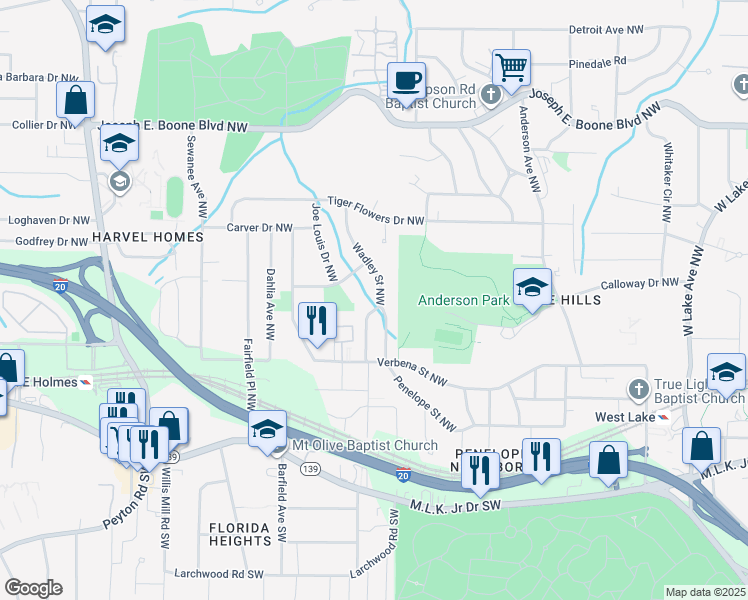 map of restaurants, bars, coffee shops, grocery stores, and more near 196 Wadley Street Northwest in Atlanta