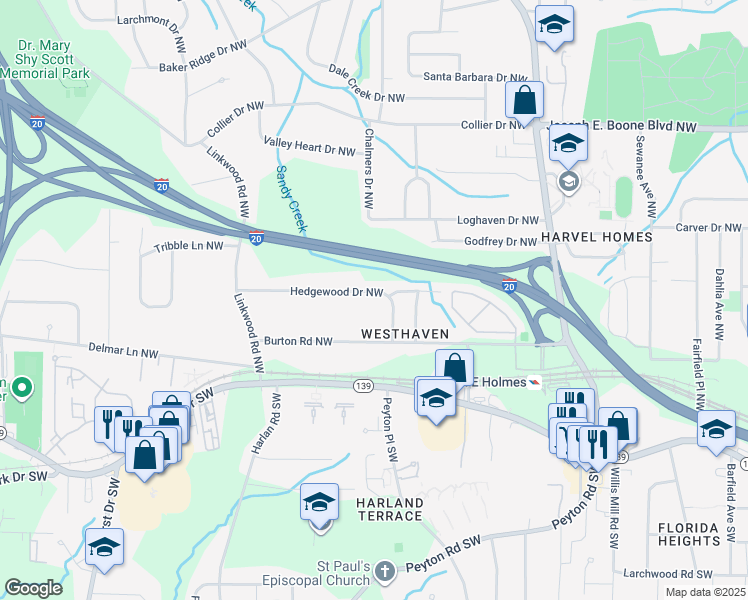 map of restaurants, bars, coffee shops, grocery stores, and more near 2724 Hedgewood Drive Northwest in Atlanta