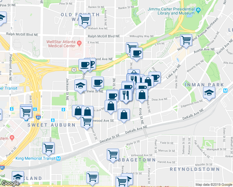 map of restaurants, bars, coffee shops, grocery stores, and more near 601 Irwin Street Northeast in Atlanta