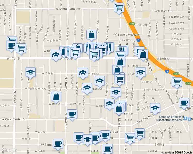 map of restaurants, bars, coffee shops, grocery stores, and more near 1418 North Durant Street in Santa Ana