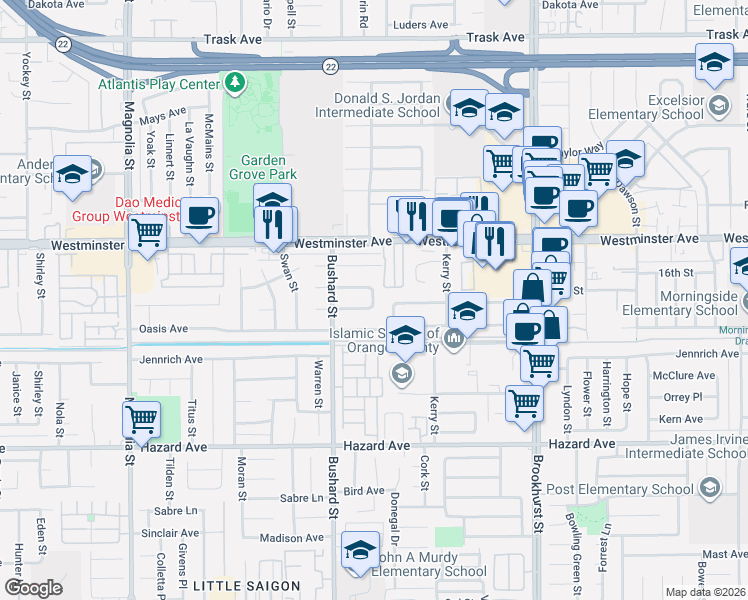 map of restaurants, bars, coffee shops, grocery stores, and more near 14132 Erin Road in Garden Grove