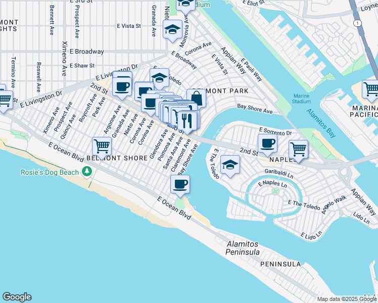 map of restaurants, bars, coffee shops, grocery stores, and more near 169 Bay Shore Avenue in Long Beach