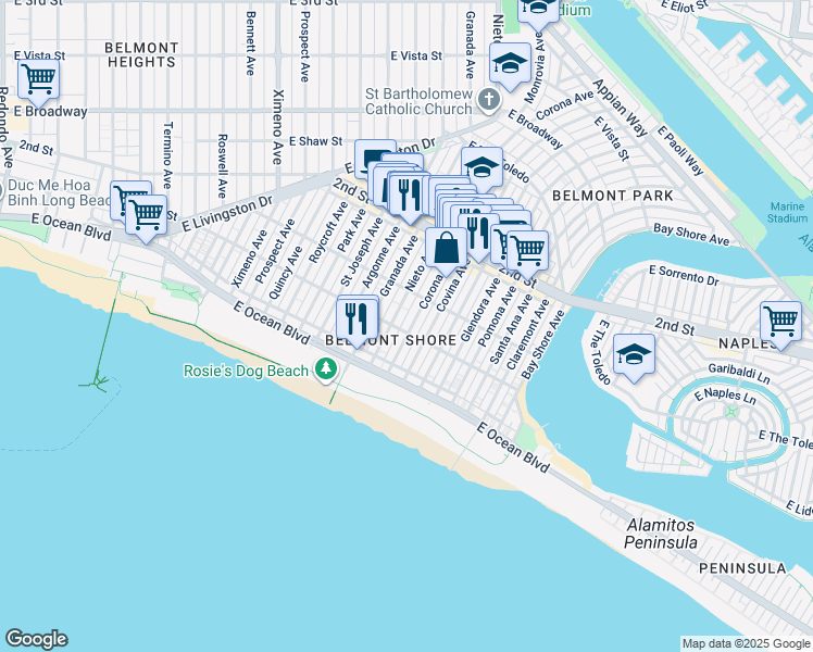 map of restaurants, bars, coffee shops, grocery stores, and more near in Long Beach
