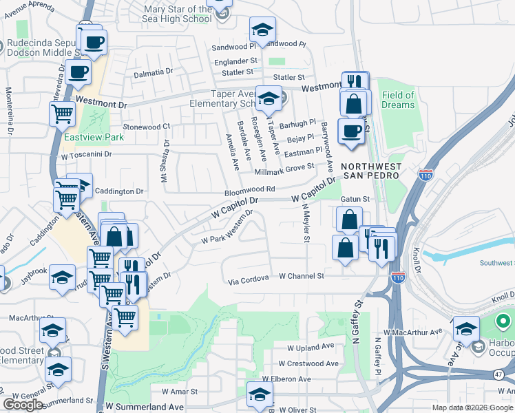 map of restaurants, bars, coffee shops, grocery stores, and more near 1099 West Capitol Drive in Los Angeles