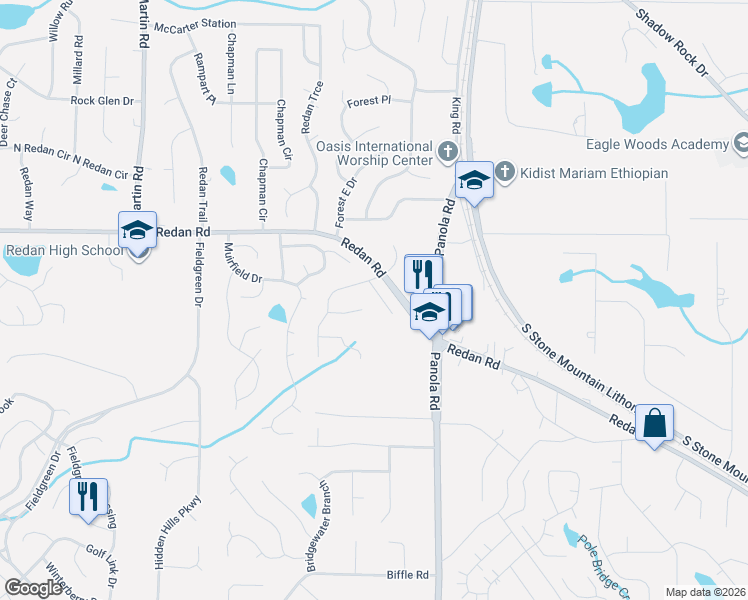 map of restaurants, bars, coffee shops, grocery stores, and more near 1219 Whitney Place in Stone Mountain