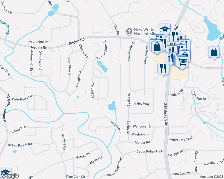 map of restaurants, bars, coffee shops, grocery stores, and more near 1313 To Lani Farm Road in Stone Mountain