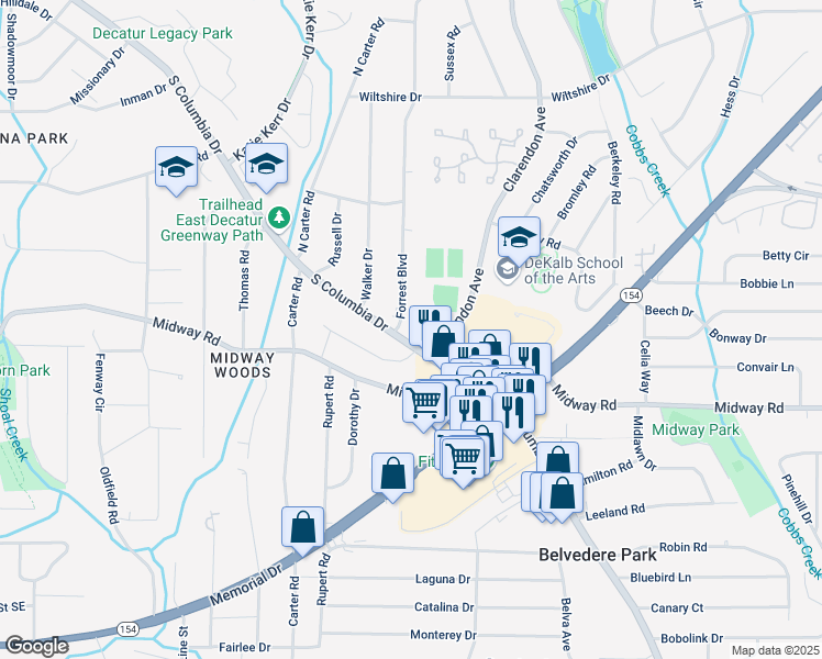 map of restaurants, bars, coffee shops, grocery stores, and more near 1250 Forrest Boulevard in Decatur