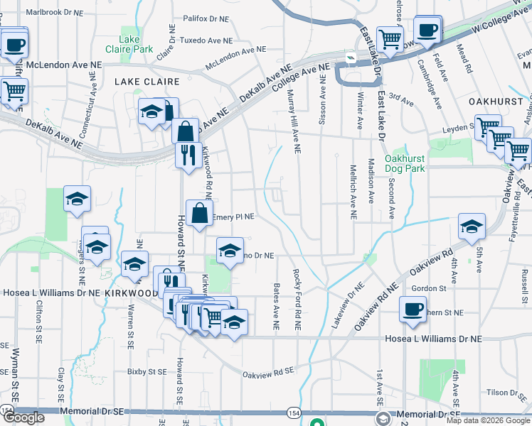 map of restaurants, bars, coffee shops, grocery stores, and more near 171 Rockyford Road Northeast in Atlanta