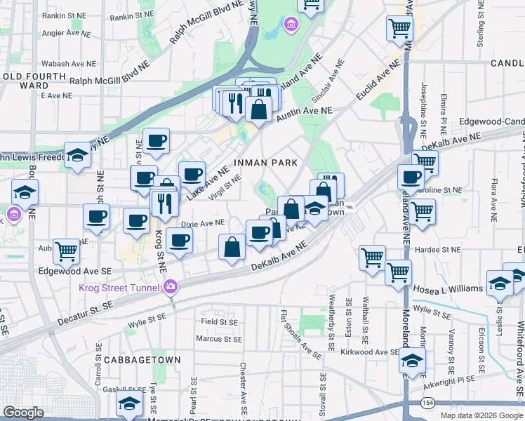 map of restaurants, bars, coffee shops, grocery stores, and more near 900 DeKalb Avenue Northeast in Atlanta