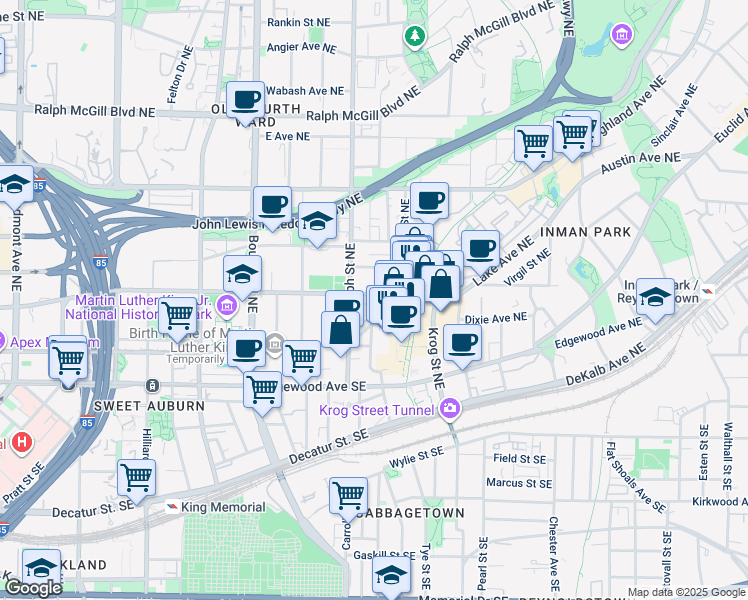 map of restaurants, bars, coffee shops, grocery stores, and more near 621 Irwin Street Northeast in Atlanta