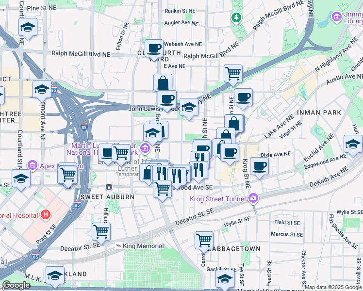map of restaurants, bars, coffee shops, grocery stores, and more near 521 Irwin Street Northeast in Atlanta