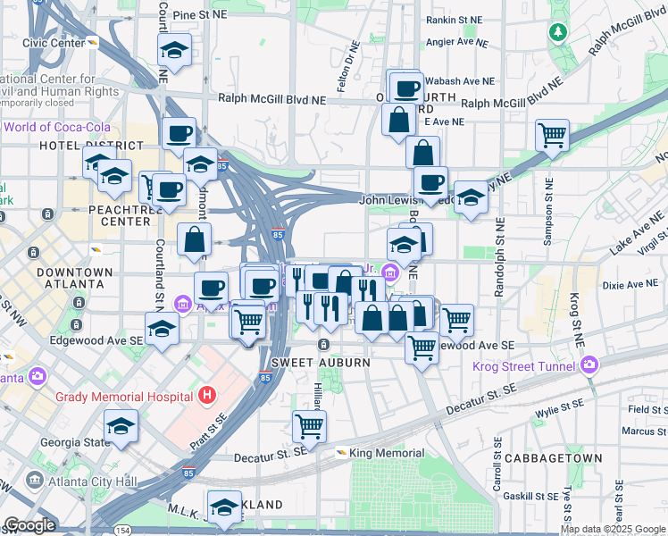 map of restaurants, bars, coffee shops, grocery stores, and more near 341 Irwin Street Northeast in Atlanta