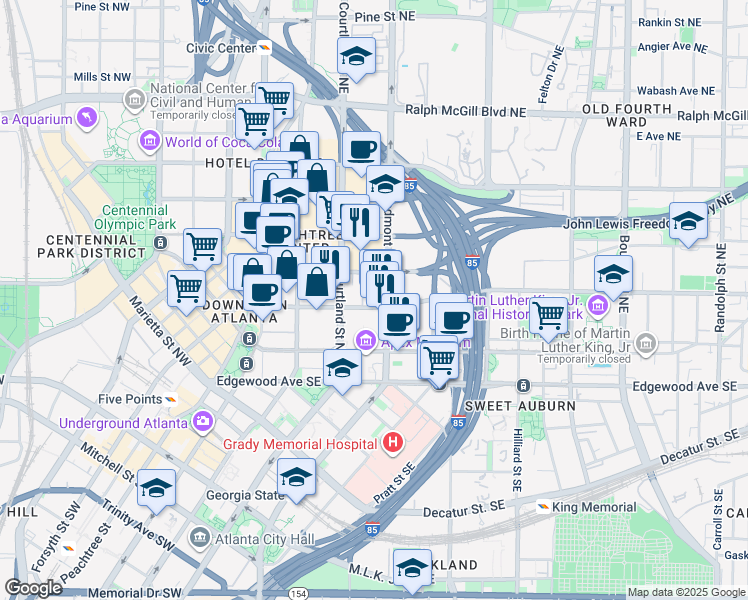 map of restaurants, bars, coffee shops, grocery stores, and more near 110 Piedmont Avenue Northeast in Atlanta
