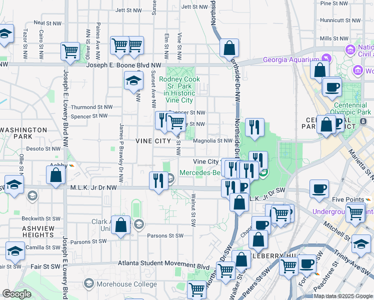 map of restaurants, bars, coffee shops, grocery stores, and more near 582 Delbridge Street Northwest in Atlanta