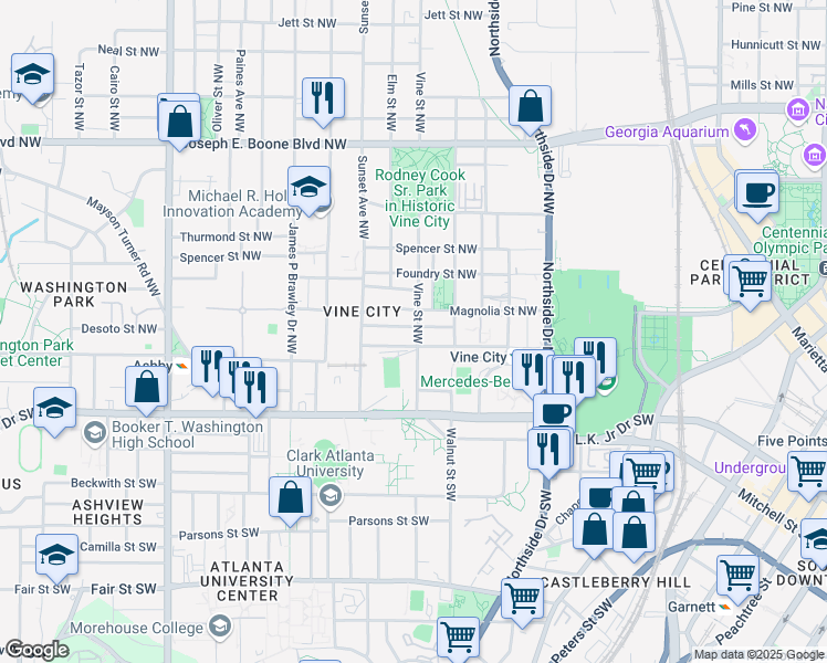 map of restaurants, bars, coffee shops, grocery stores, and more near 104 Vine Street Northwest in Atlanta