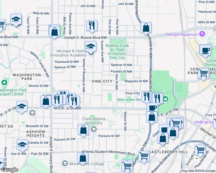 map of restaurants, bars, coffee shops, grocery stores, and more near 660 Delbridge Street Northwest in Atlanta