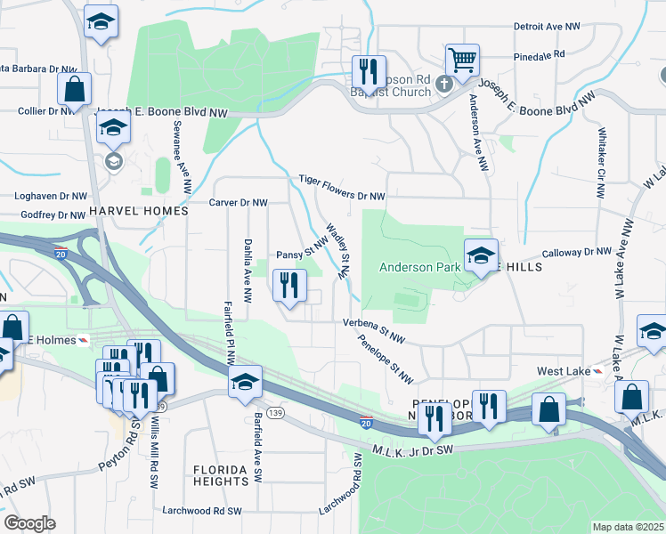 map of restaurants, bars, coffee shops, grocery stores, and more near 196 Wadley Street Northwest in Atlanta