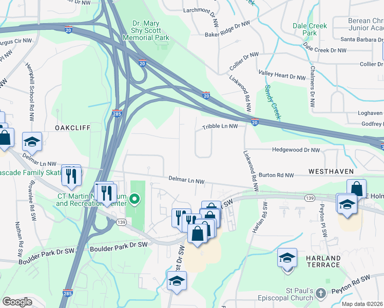 map of restaurants, bars, coffee shops, grocery stores, and more near 261 Hermer Circle Northwest in Atlanta