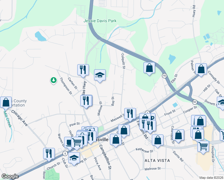 map of restaurants, bars, coffee shops, grocery stores, and more near 8171 Kemper Circle in Douglasville