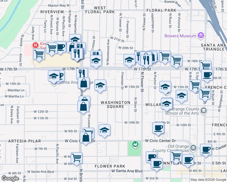 map of restaurants, bars, coffee shops, grocery stores, and more near 1414 North Towner Street in Santa Ana