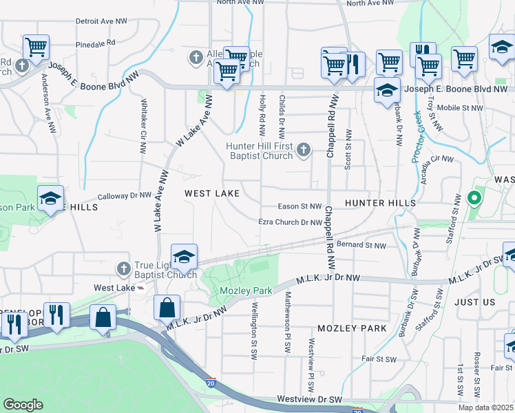 map of restaurants, bars, coffee shops, grocery stores, and more near 86 Holly Road Northwest in Atlanta