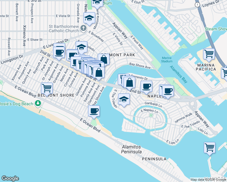 map of restaurants, bars, coffee shops, grocery stores, and more near 5400 East The Toledo in Long Beach