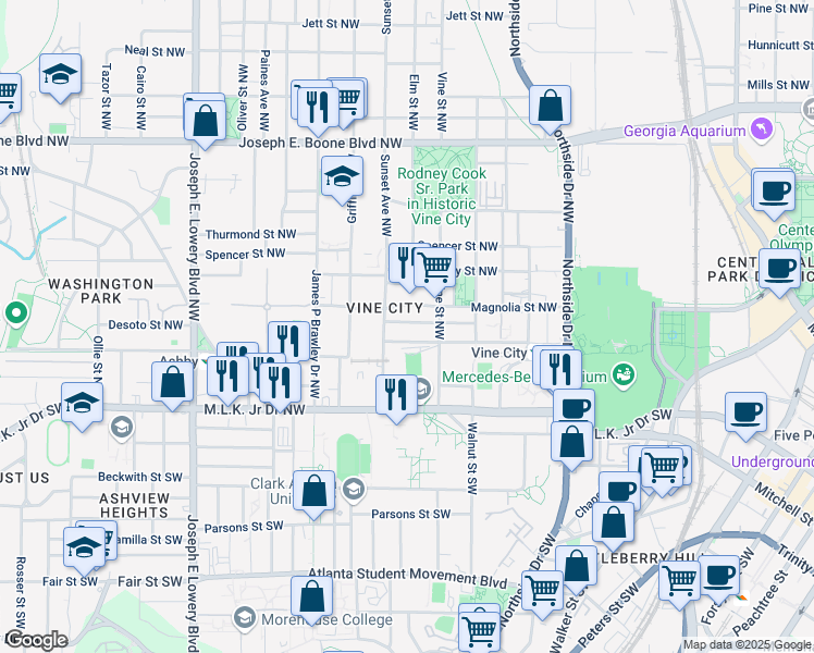 map of restaurants, bars, coffee shops, grocery stores, and more near 660 Delbridge Street Northwest in Atlanta