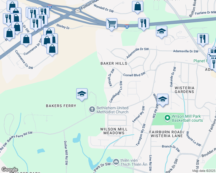 map of restaurants, bars, coffee shops, grocery stores, and more near 4095 Kenora Drive Southwest in Atlanta