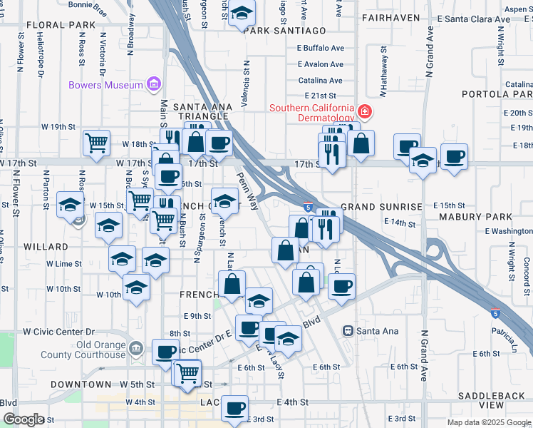 map of restaurants, bars, coffee shops, grocery stores, and more near 1430 Poinsettia Street North in Santa Ana