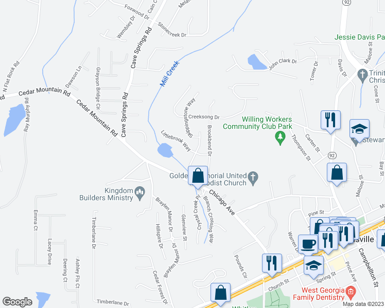 map of restaurants, bars, coffee shops, grocery stores, and more near 8141 Willowbank Way in Douglasville