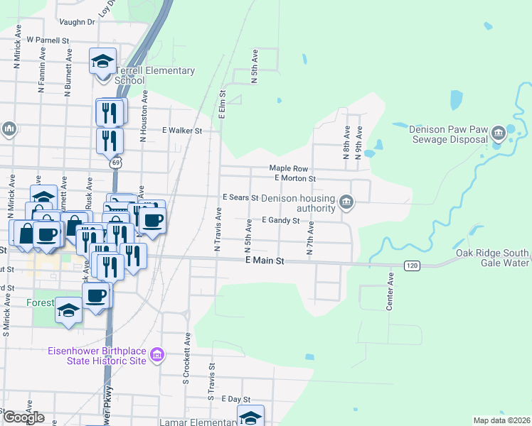 map of restaurants, bars, coffee shops, grocery stores, and more near 515 East Gandy Street in Denison