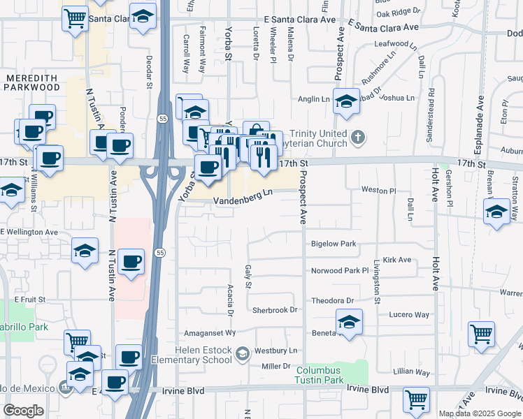 map of restaurants, bars, coffee shops, grocery stores, and more near in Tustin